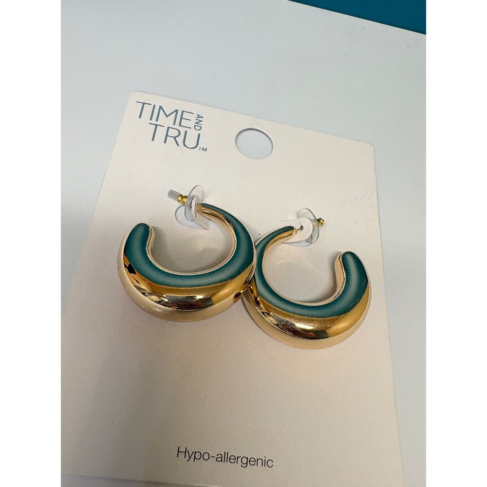 Time and Tru Gold Teal Enamel Chunky Hoop Earrings Hypo-allergenic J973